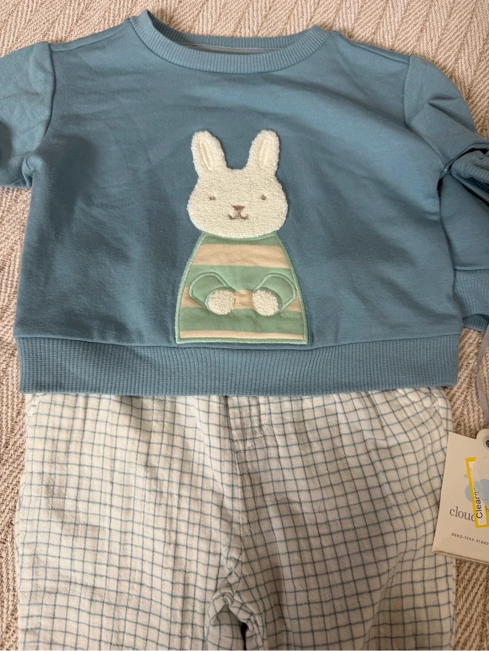 cloud island Blue Bunny Appliqué Pajama Set with Plaid Pants